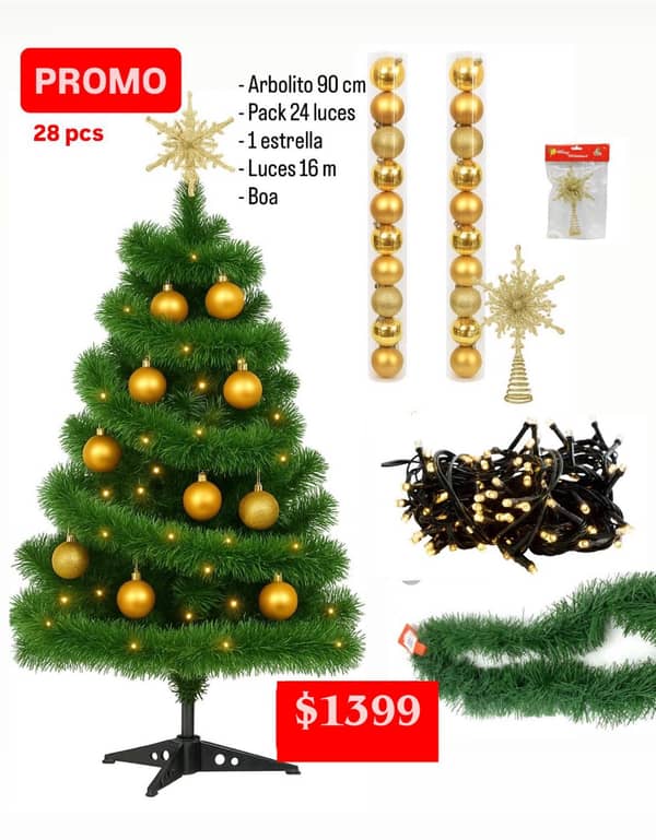 Arbol 90 cm + pack 24 bolas 4 cm+1 puntero Estrella +boa+ Luces LED Calidas o Color